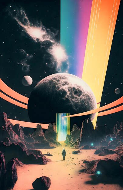 Foto illustration der weltraumlandschaft retro-stil kosmos abstrakter verrückter und psychedelischer hintergrund