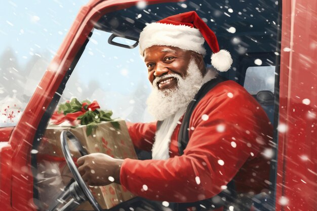 Illustration des afroamerikanischen Weihnachtsmanns am Heiligabend, der einen mit Geschenken gefüllten Weihnachten-LKW fährt