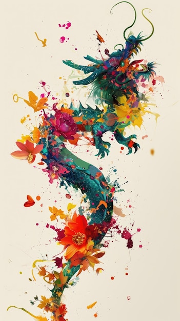 Illustration des asiatischen Drachen aus Blumen auf schlichtem Hintergrund im chinesischen Neujahr