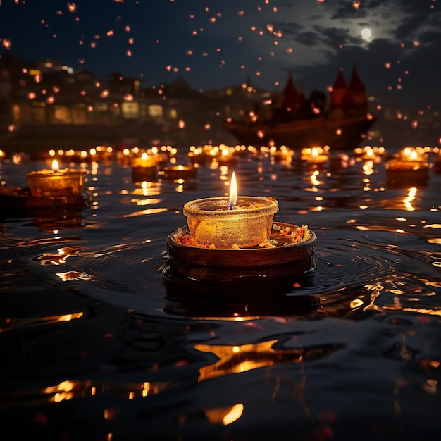 Illustration des Diwali-Festes der Lichter, Öl-Diya-Lampen im Ganges