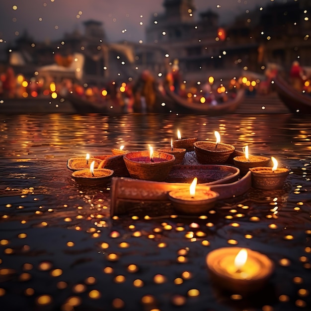 Illustration des Diwali-Festes der Lichter, Öl-Diya-Lampen im Ganges