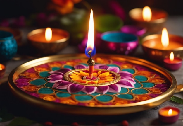 Illustration des Diwali-Festes Diya-Lampe mit Rangoli