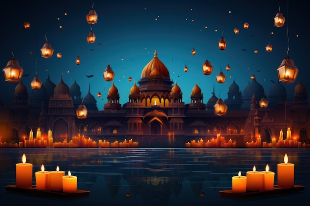 Illustration des Diwali-Festes Diya-Lampen mit Rangoli an der Unterseite Generative KI