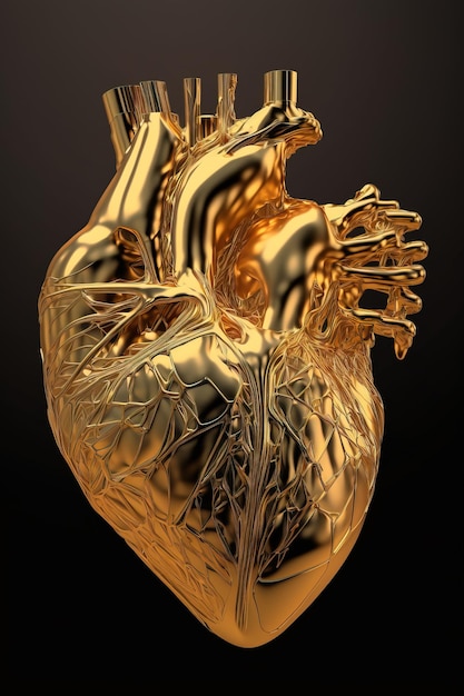 Illustration des goldenen menschlichen Herzens, dekorativ stilisiertes goldenes menschliches Herz mit Gefäßen, Adern und