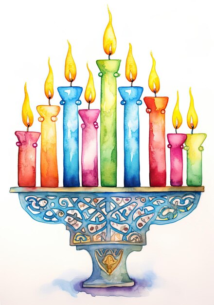 Illustration des jüdischen Feiertags Hanukkah mit Menora traditionellen Kerzenbändern Aquarell