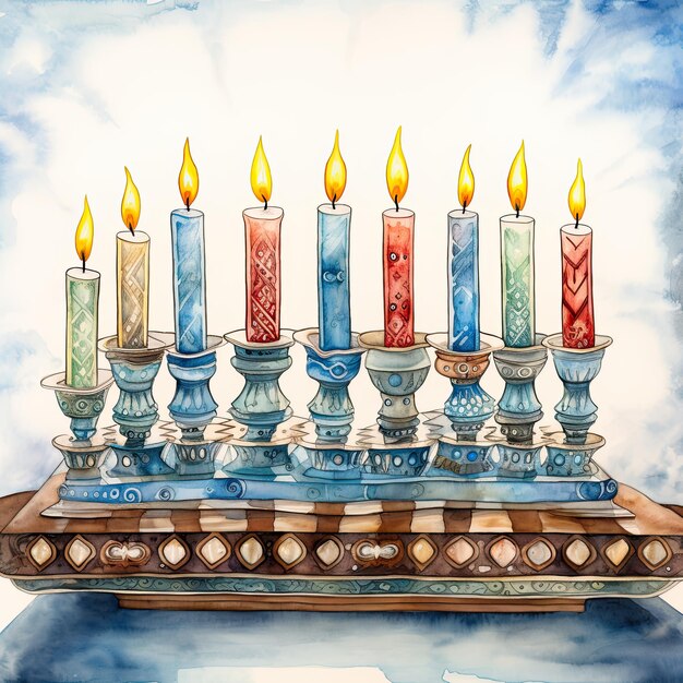 Illustration des jüdischen Feiertags Hanukkah mit Menora traditionellen Kerzenbändern Aquarell