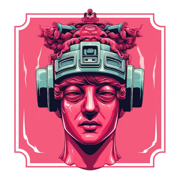 Illustration des Kopfes der Statue mit psychedelischem Cyberhelm auf weißem Hintergrund im Cyberpunk-Stil