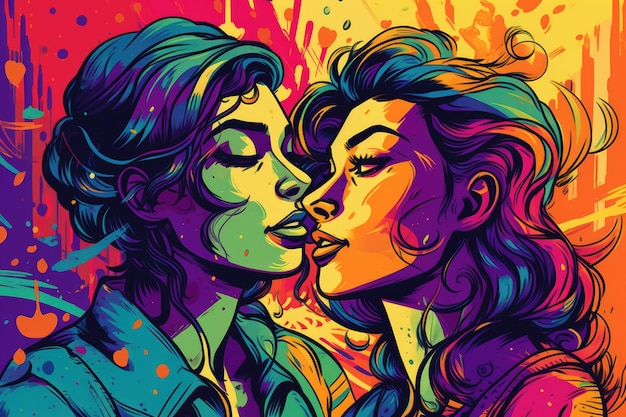 Illustration des lesbischen Paares LGBTI und des Stolzmonatsbewusstseins im farbenfrohen Regenbogenstil