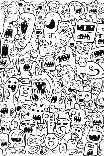 Foto illustration des malbuchs doodle crowd süßes außerirdisches monster mit generativer ki-technologie erstellt