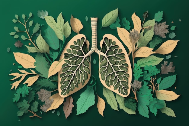 Illustration des menschlichen Lungen- und Pflanzengesundheits- und Umweltschutzkonzepts mit grünem Hintergrund KI