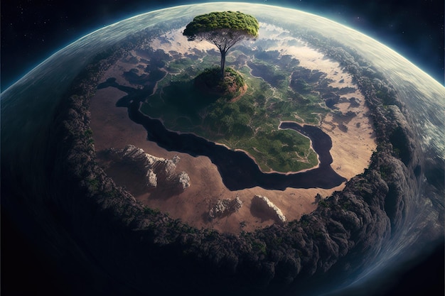 Illustration des Planeten Erde mit einem riesigen Baum, vom Weltraum aus gesehen. Generative KI