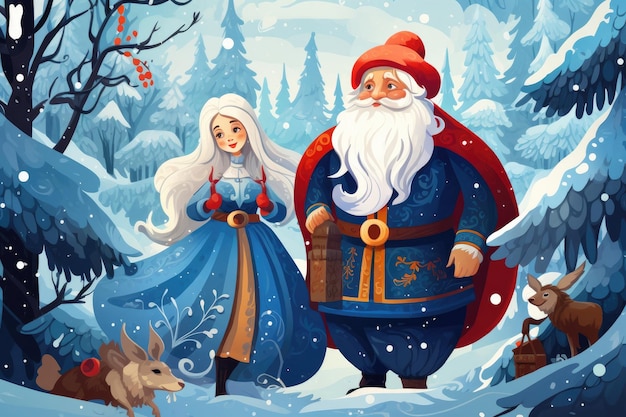 Illustration des russischen Ded Moroz und der russischen Schneemaiden im Winterwald