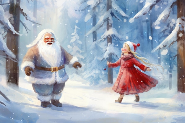 Illustration des russischen Ded Moroz und der russischen Schneemaiden im Winterwald