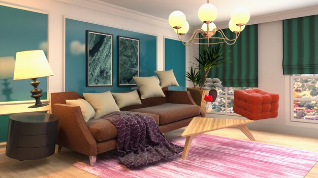 Illustration des Sofas, das im Wohnzimmer schwebt