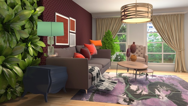 Illustration des Sofas, das im Wohnzimmer schwebt