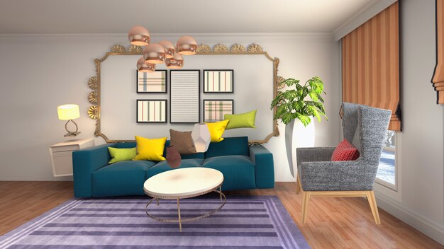 Illustration des Sofas, das im Wohnzimmer schwebt