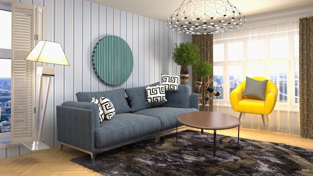 Illustration des Sofas, das im Wohnzimmer schwebt