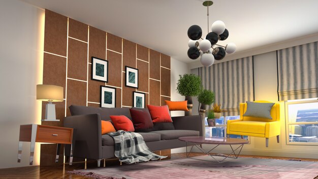 Illustration des Sofas, das im Wohnzimmer schwebt