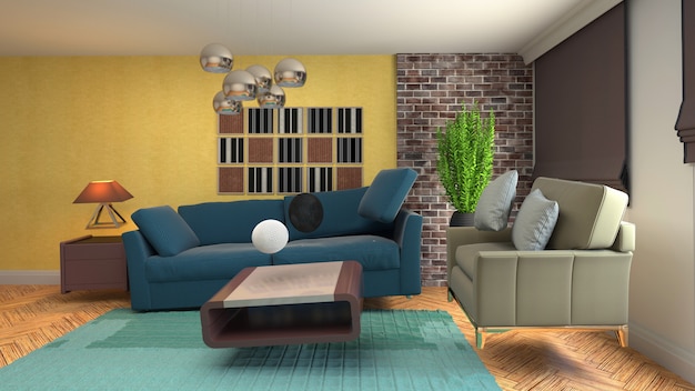 Illustration des Sofas, das im Wohnzimmer schwebt