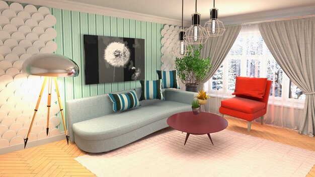 Illustration des Sofas, das im Wohnzimmer schwebt