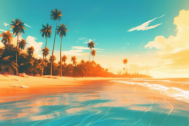 Illustration des Sonnenaufgangs an der azurblauen Küste mit Palmen