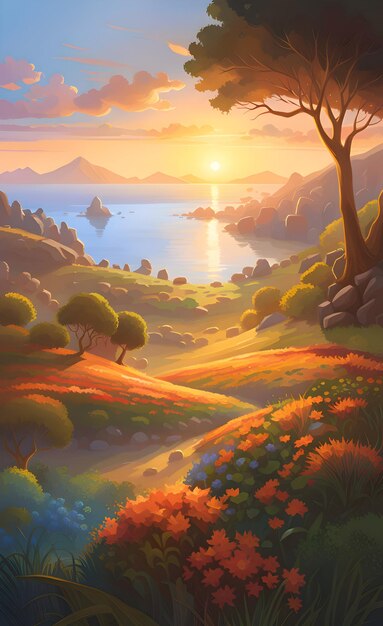 Illustration des Sonnenaufgangs über dem See