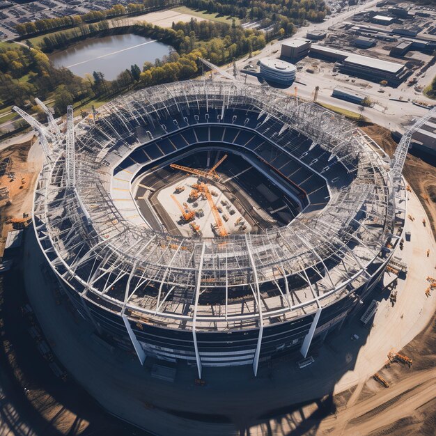 Foto illustration des stadionbauprozesses, drohnenfoto