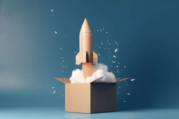 Illustration des Starts einer Rakete aus einem Kartongeschäft und Startup-Konzept Generative KI