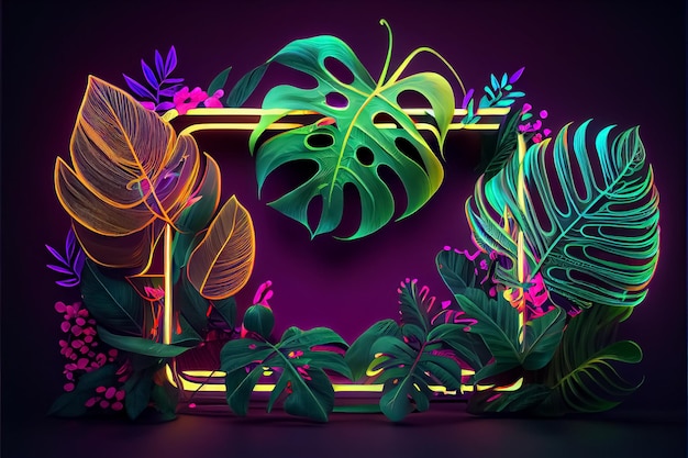 Illustration des tropischen Neonthemas mit Palme und exotischem Blumen-AI
