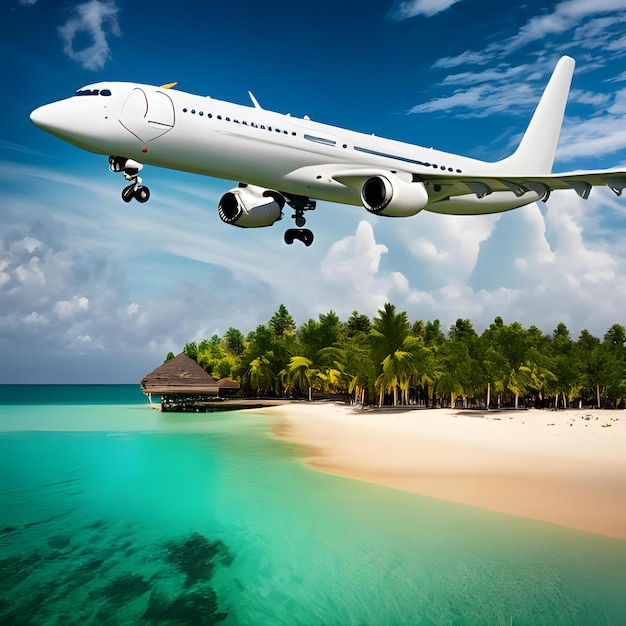 Illustration des Urlaubs am tropischen Sonnenstrand und schönen Sand mit dem Flugzeug 7
