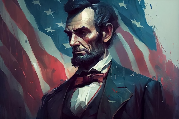 Illustration des US-Präsidenten Abraham Lincoln und der amerikanischen Flagge AI