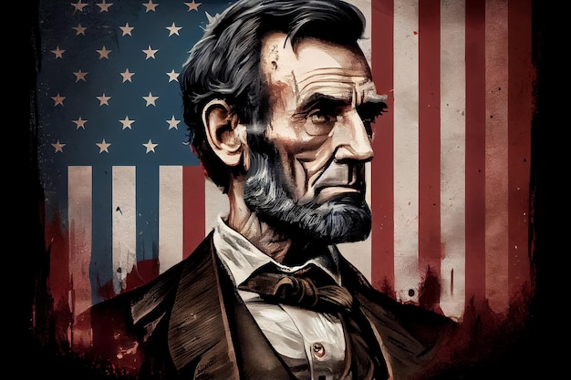 Foto illustration des us-präsidenten abraham lincoln und der amerikanischen flagge ai