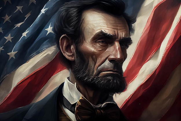 Illustration des US-Präsidenten Abraham Lincoln und der amerikanischen Flagge AI