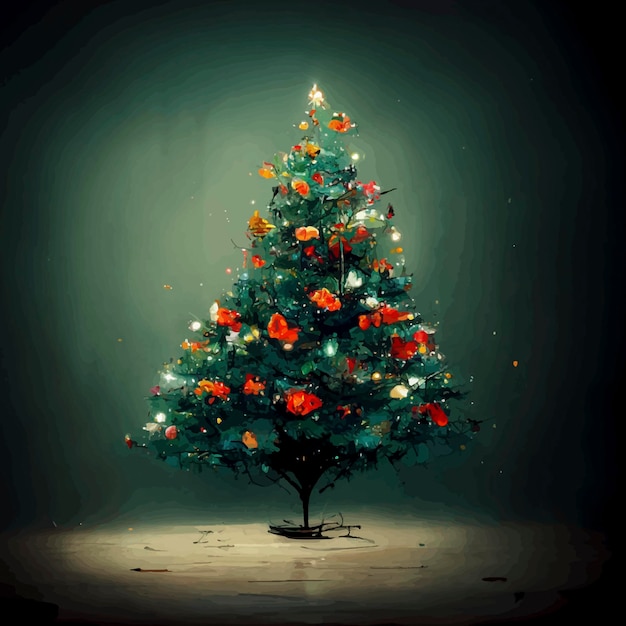 Illustration des Weihnachtsbaums im Schnee mit Lichtern im Hintergrund