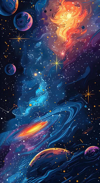 Illustration des Weltraums, die Galaxien, Sterne und himmlische Phänomene zeigt