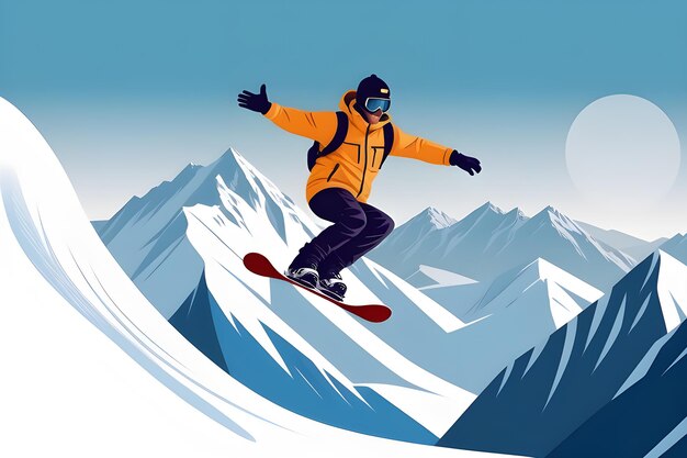 Illustration des Wintersports Snowboarding auf dem Hintergrund schneebedeckter Berge KI-Plattform