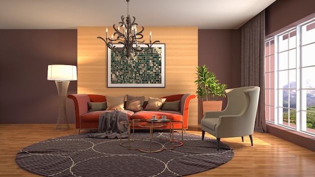Illustration des Wohnzimmerinnenraums. 3D-Rendering