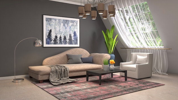 Illustration des Wohnzimmerinnenraums. 3D-Rendering