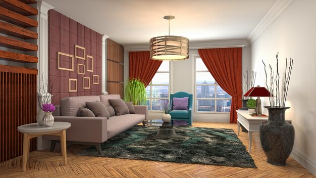 Illustration des Wohnzimmerinnenraums. 3D-Rendering