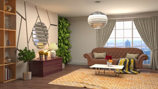 Illustration des Wohnzimmerinnenraums. 3D-Rendering