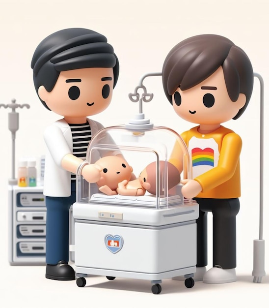Illustration, die medizinisches Personal im Krankenhaus zeigt, das sich um ein Neugeborenes kümmert