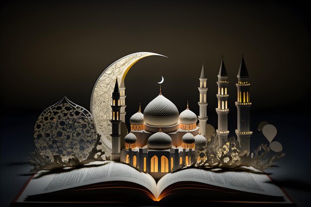 Illustration ein offenes Buch mit einer Moschee und einem Mond auf der Oberseite