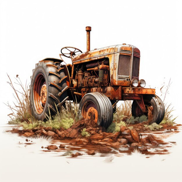 Illustration Ein stillgelegter Vintage-Traktor auf dem Feld, der mit einer ansprechenden Pose dargestellt wird