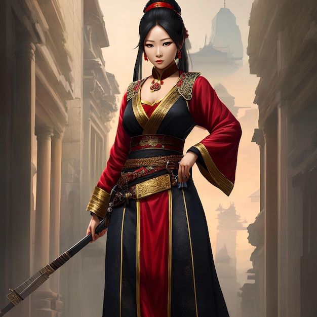 Illustration einer asiatischen Kriegerin-Attentäterin in der generativen Kunst des Altertums durch KI