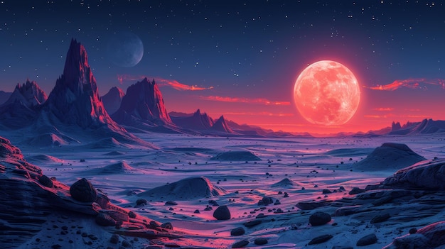 Illustration einer außerirdischen Planetenlandschaft mit realistischem und fantastischem Cartoon-Stil, um einen Hintergrund für eine Geschichte oder ein Kartendesign zu bilden