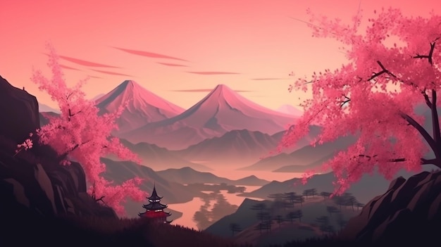 Illustration einer Bergmorgenlandschaft mit Sakura-Blüten Orientalischer Hintergrund