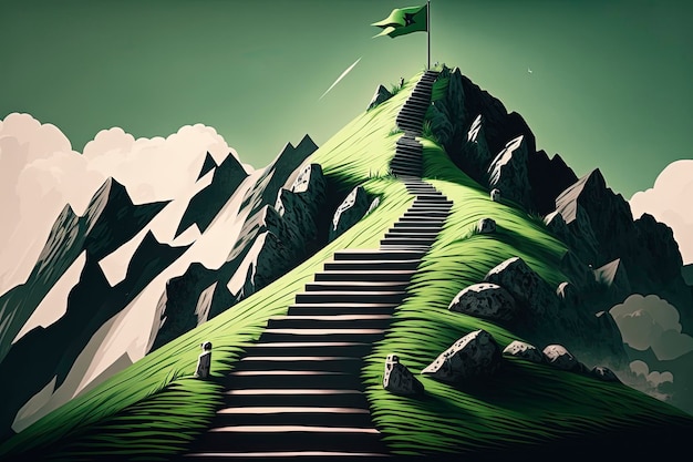 Illustration einer Bergtreppe mit Fahne oben Konzept des Kletterns zum Erfolg KI