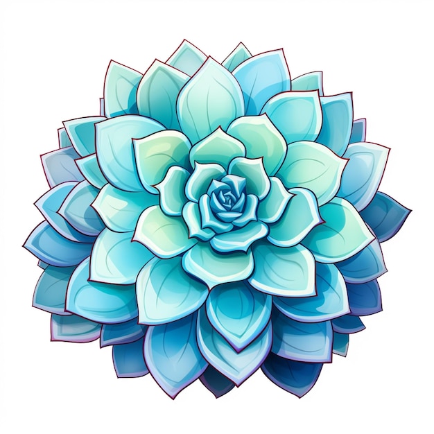 Illustration einer blauen Blume mit grünen Blättern auf weißem Hintergrund, generative KI