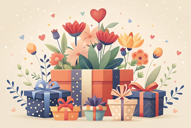 Foto illustration einer blumenkollektion mit einer geschenkkiste mit herzen und blumen