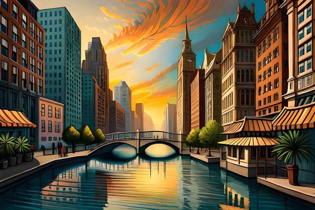 Illustration einer Brücke über den Fluss in der Stadt bei Sonnenuntergang, generative KI